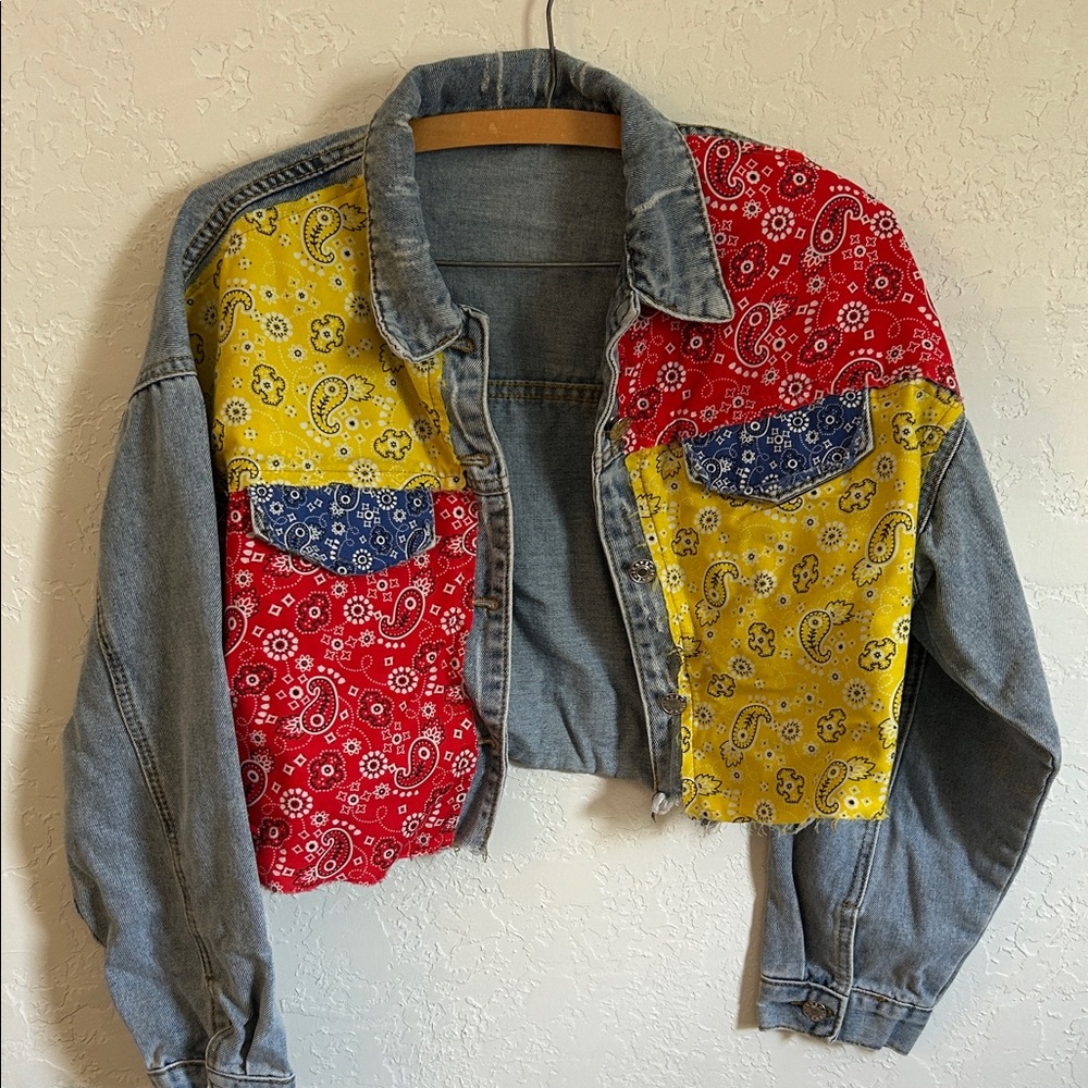 Colorful Patchwork Denim Cropped Jacket